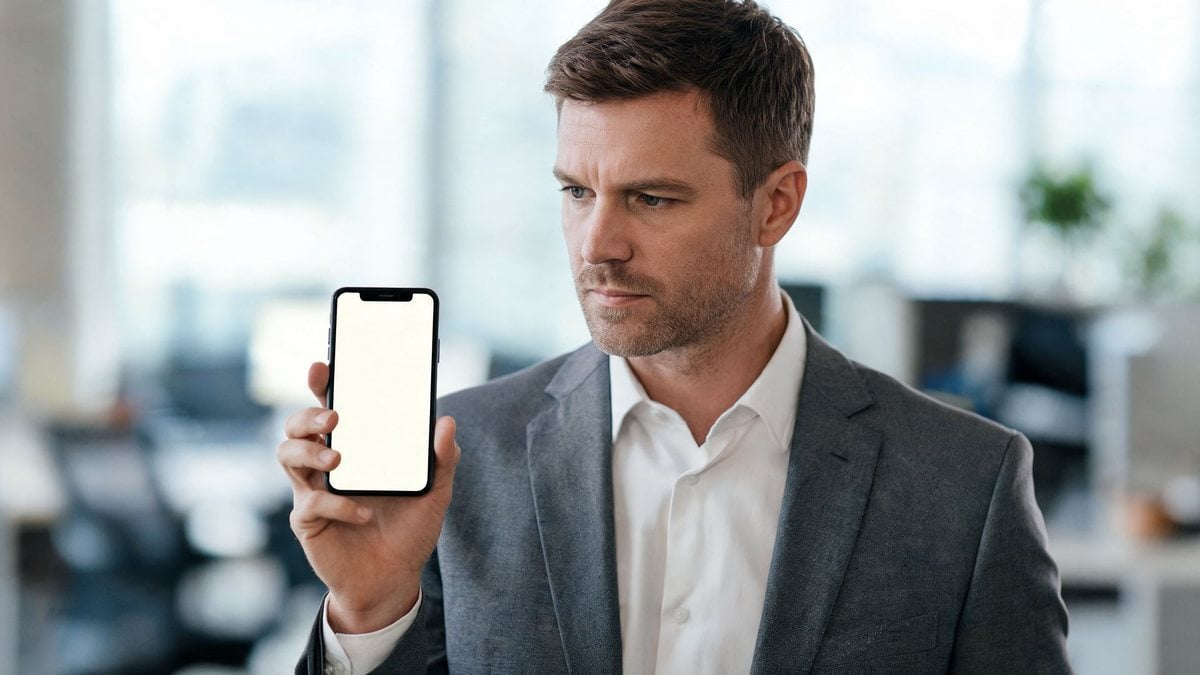 A man in a suit looking at an email inbox on his smartphone