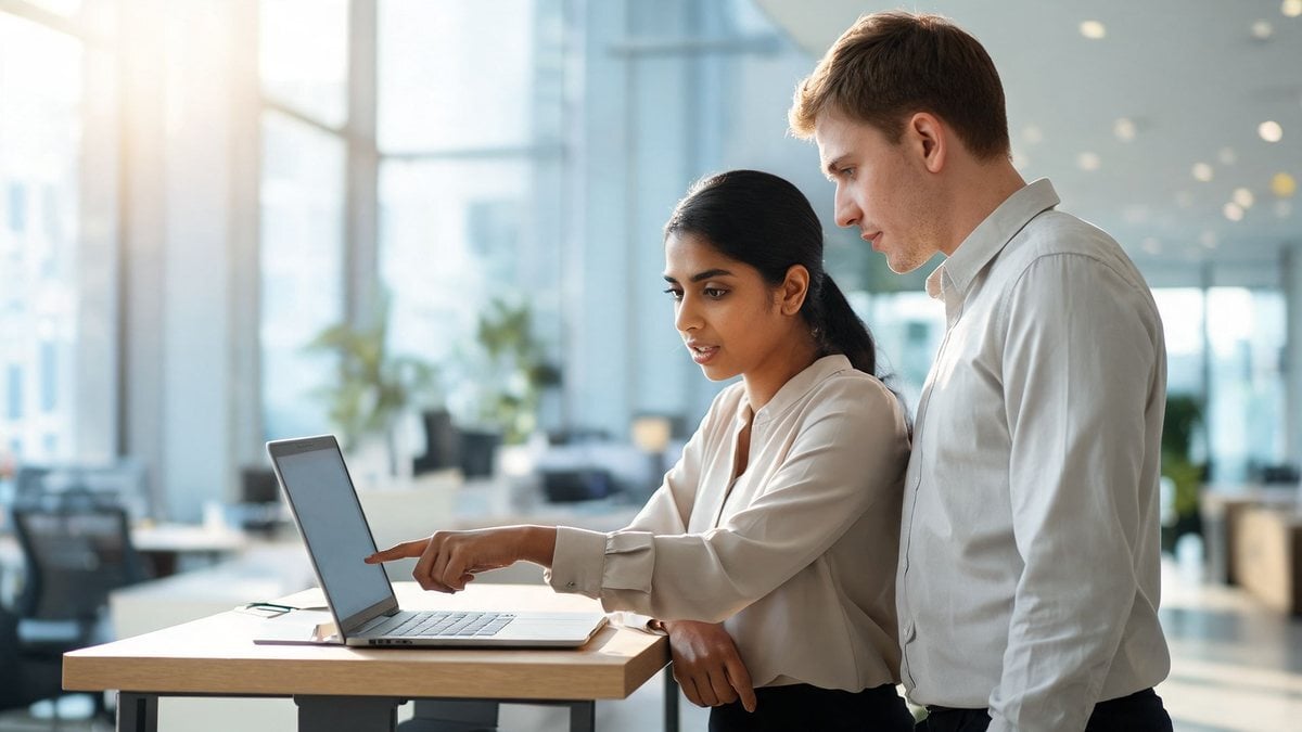 A security analyst and a colleague reviewing a laptop together at a standing desk