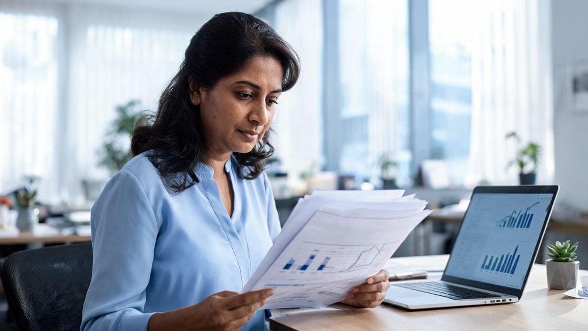 A professional woman reading a printed report at her desk beside an open laptop
