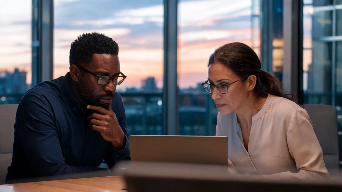 Two colleagues in glasses discussing a laptop in a glass-walled meeting room