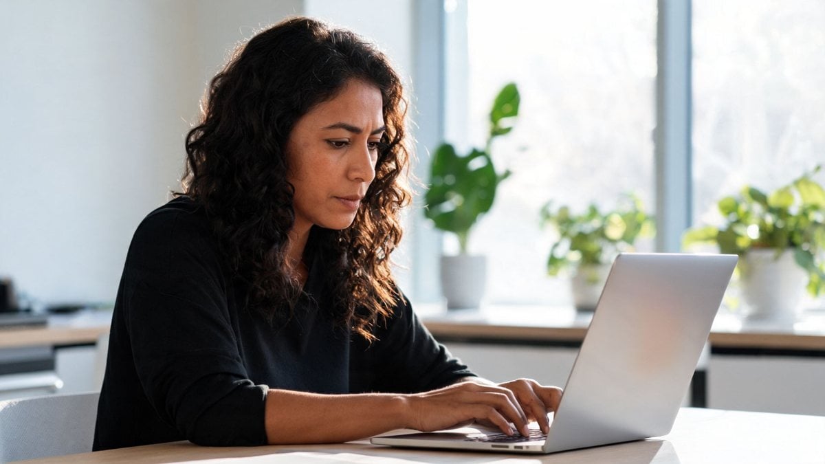 A woman typing on a laptop in a bright modern office