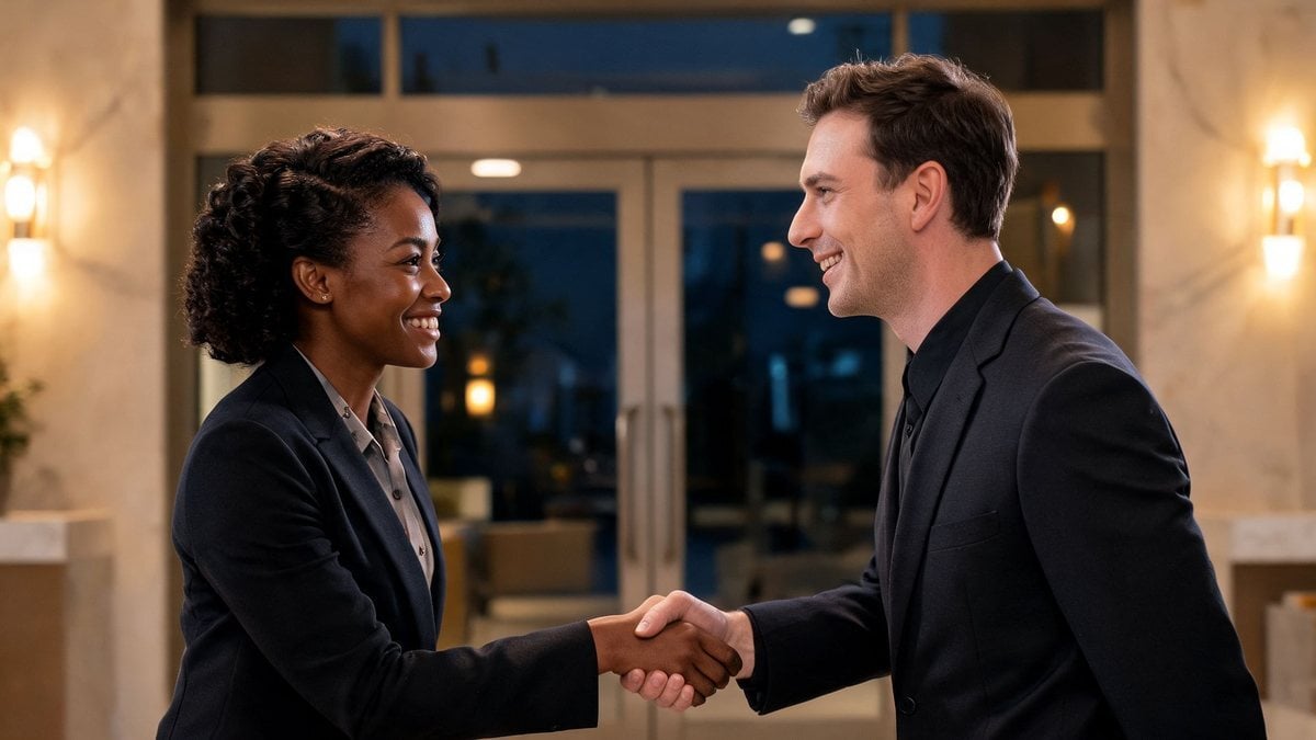 Two business partners shaking hands in an office lobby