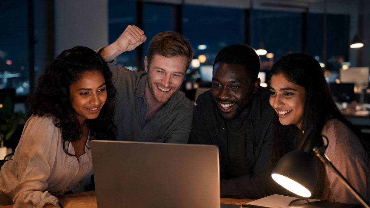Four colleagues celebrating around a laptop in an office in the evening, one with a raised fist