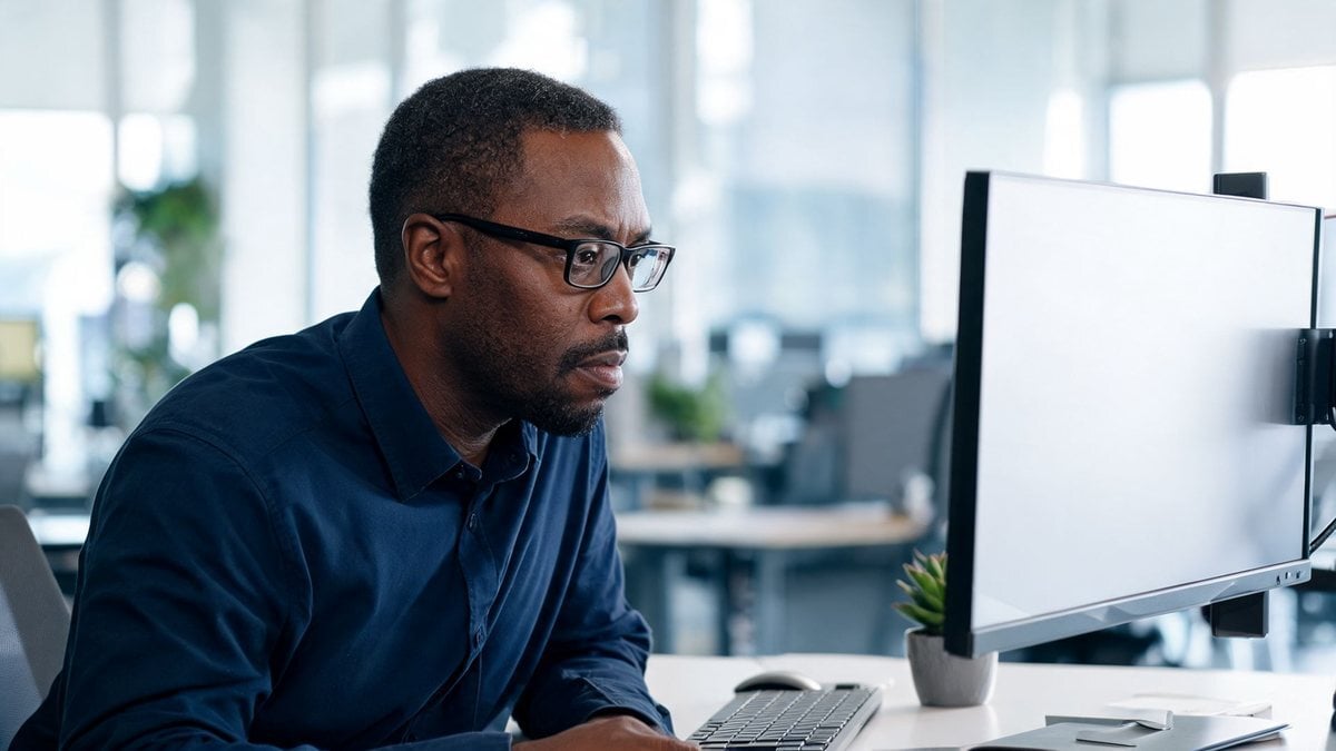 An IT director working at a large monitor in a bright office