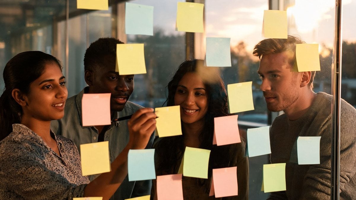 Four colleagues placing sticky notes on a glass wall during a team meeting