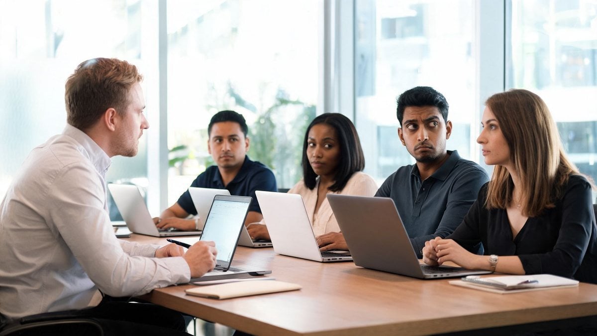 A facilitator and four employees at a conference table during a training session, one looking skeptical