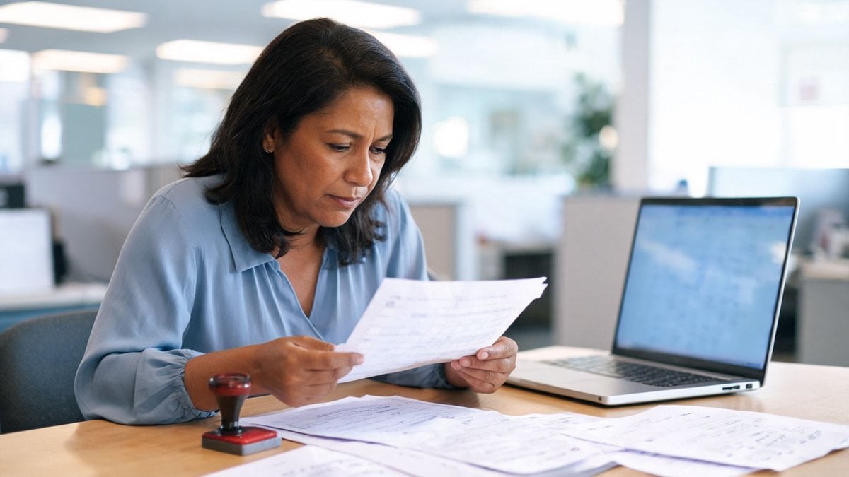 An accounts payable clerk reviewing paper invoices at a desk with a laptop