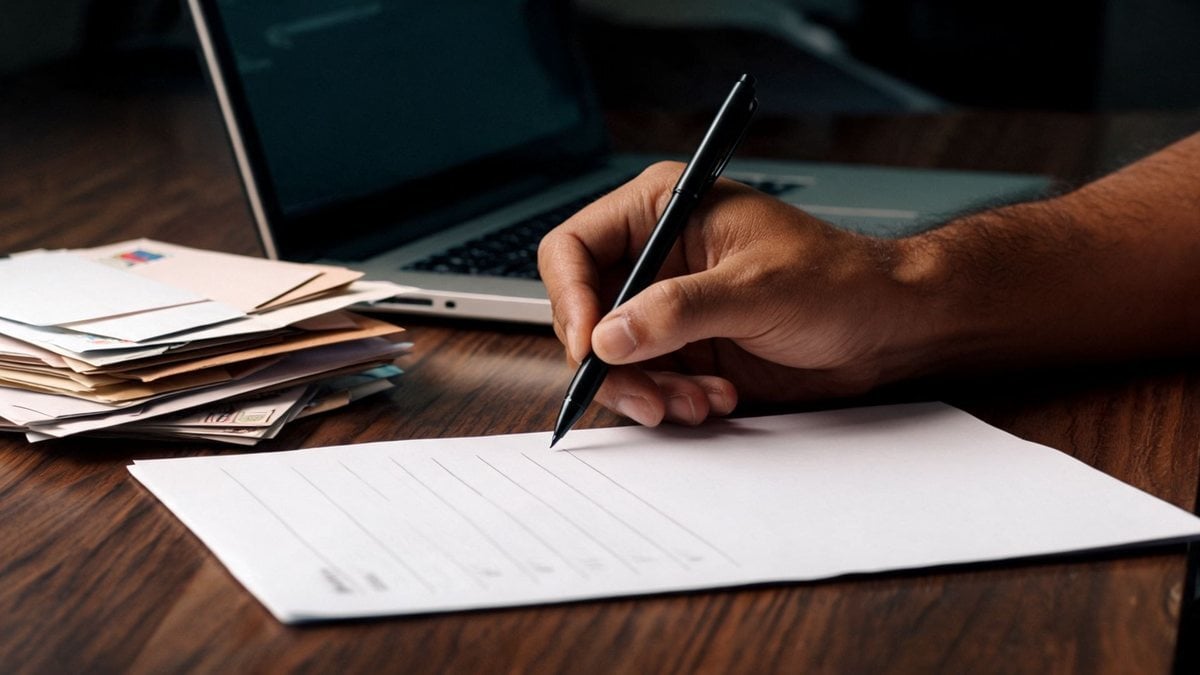 A hand holding a pen over a handwritten checklist beside a stack of envelopes and a laptop