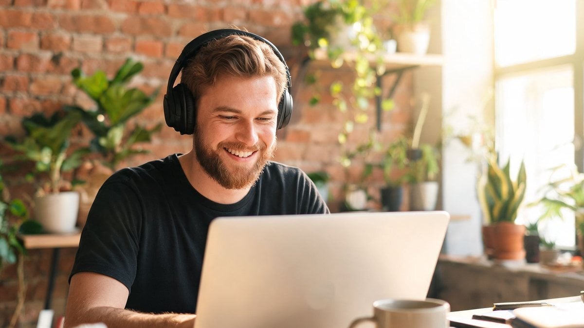 A smiling man with headphones working on a laptop in a sunlit loft office