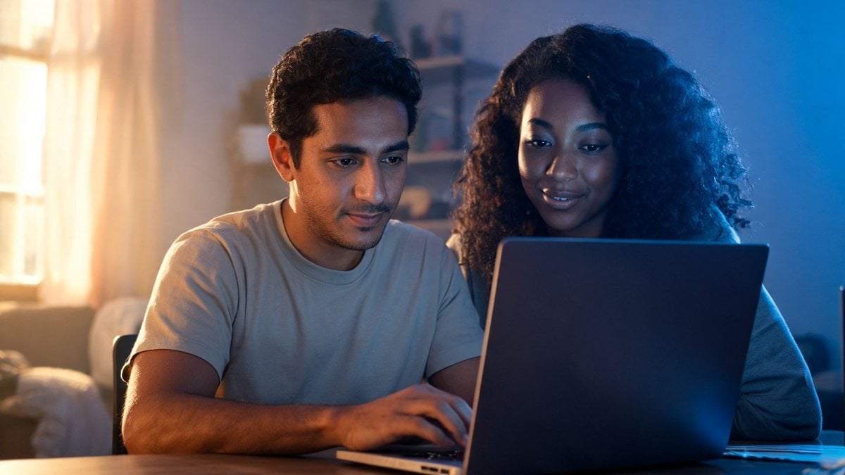 Two colleagues at a laptop, one typing while the other watches