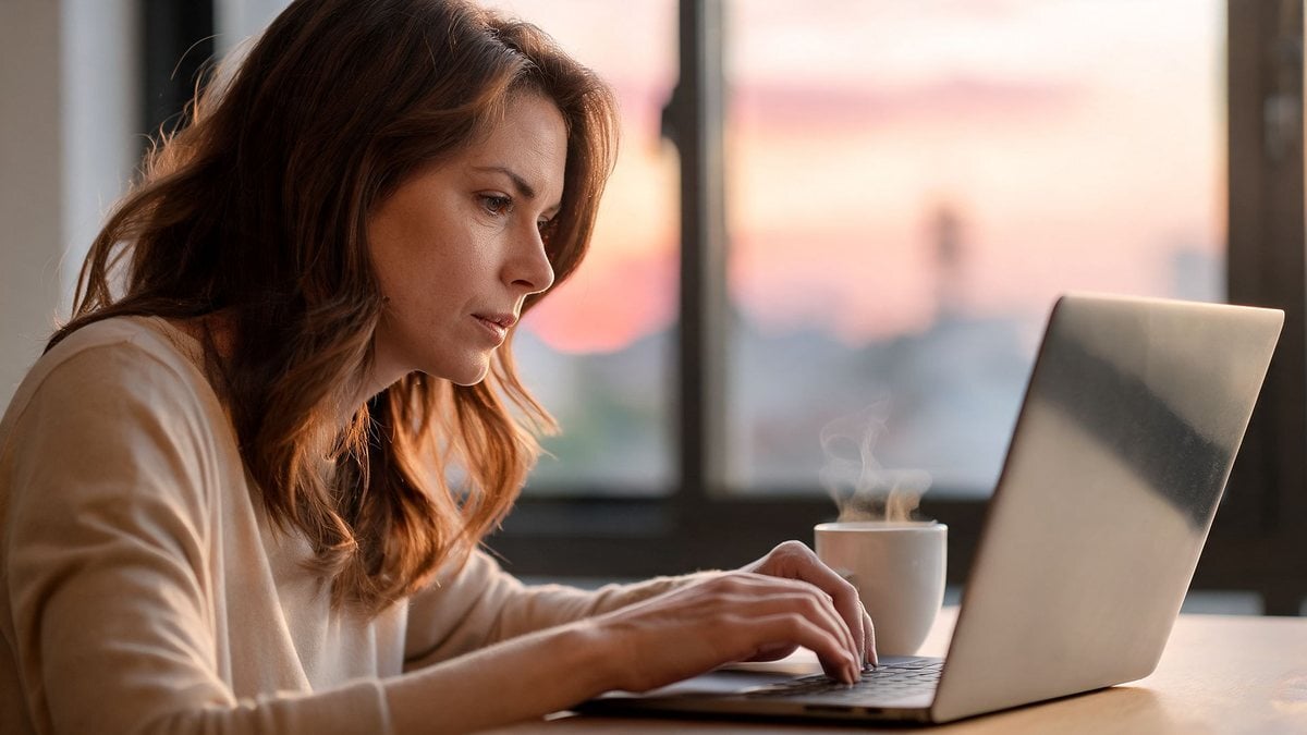 A woman typing on a laptop by a window in the early morning