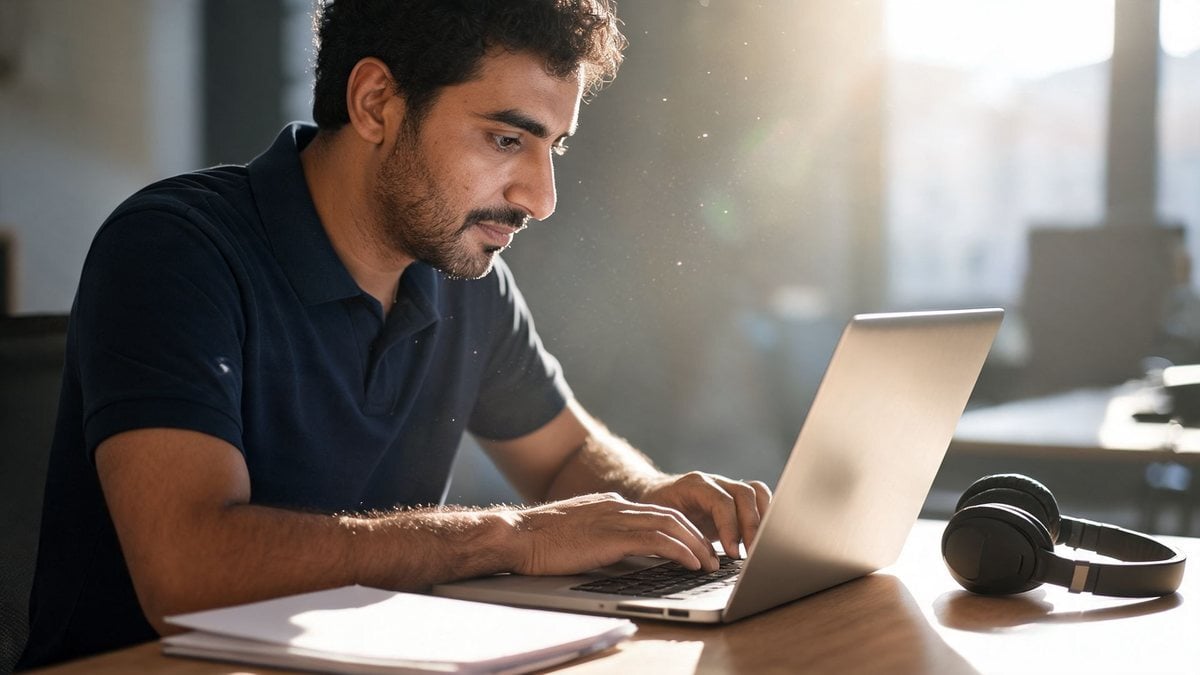 A trainer working on a laptop at a sunlit desk with a notepad and headset