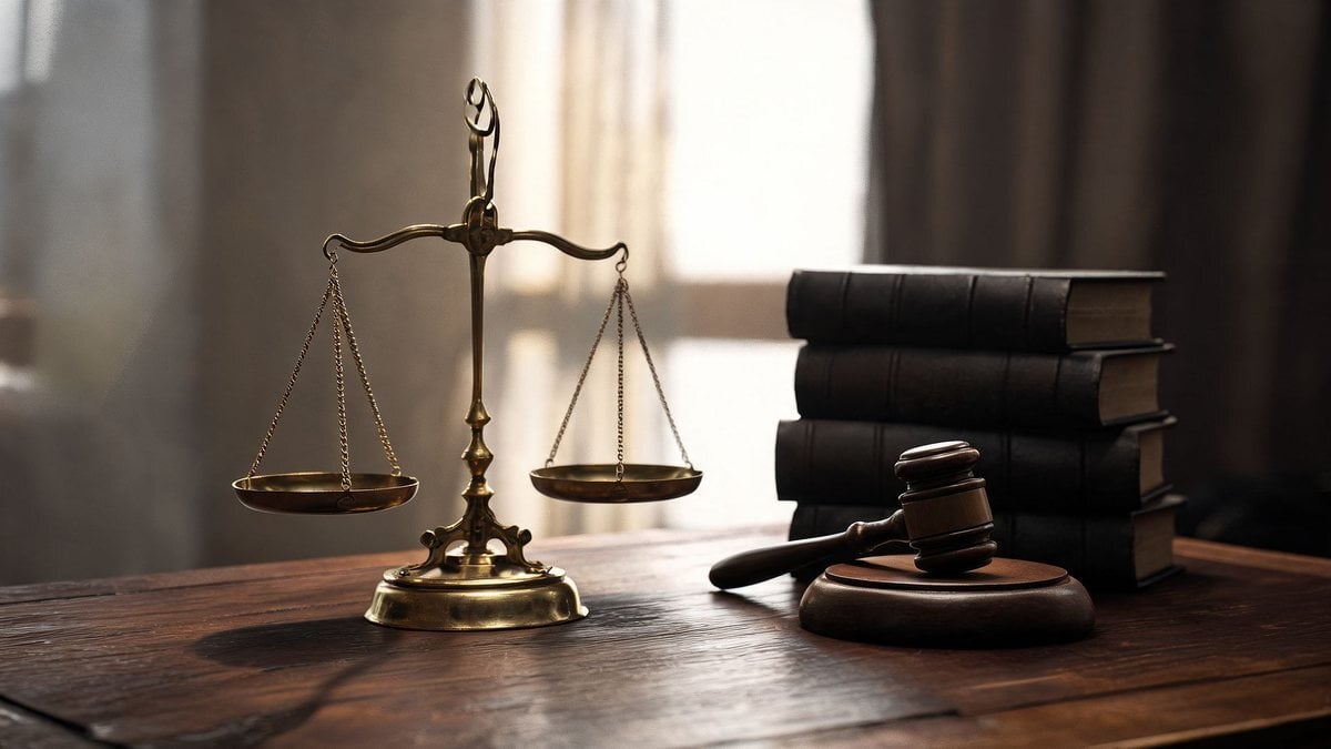 Balance scales on a desk beside law books