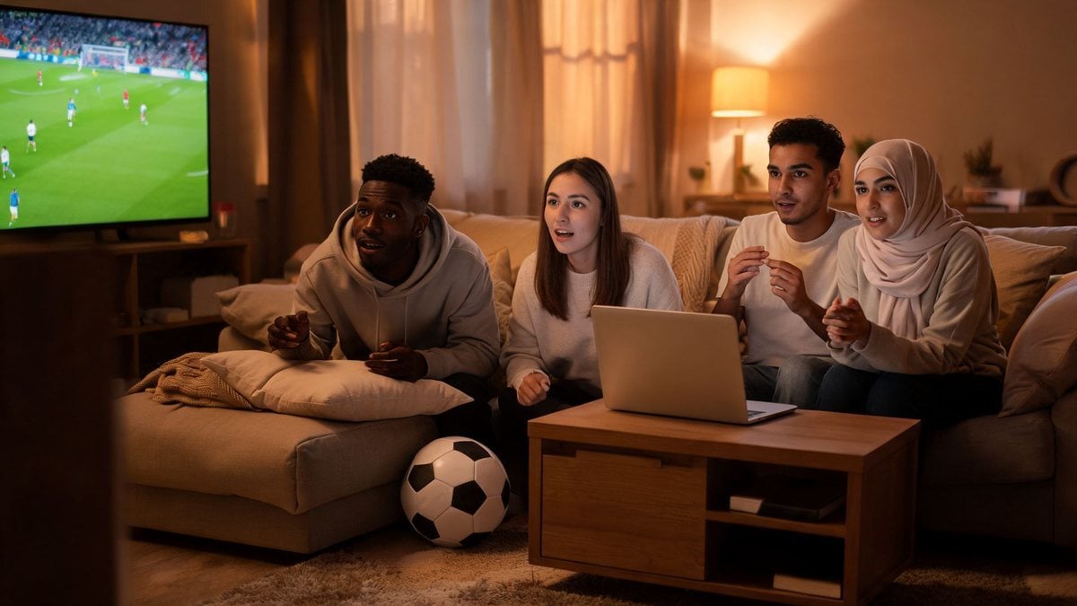 Four friends watching a soccer match on a TV in a living room, with a laptop on the coffee table