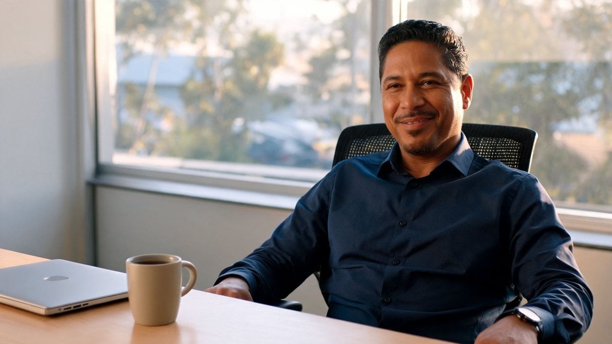 A relaxed IT manager leaning back in a chair at a tidy desk with a coffee