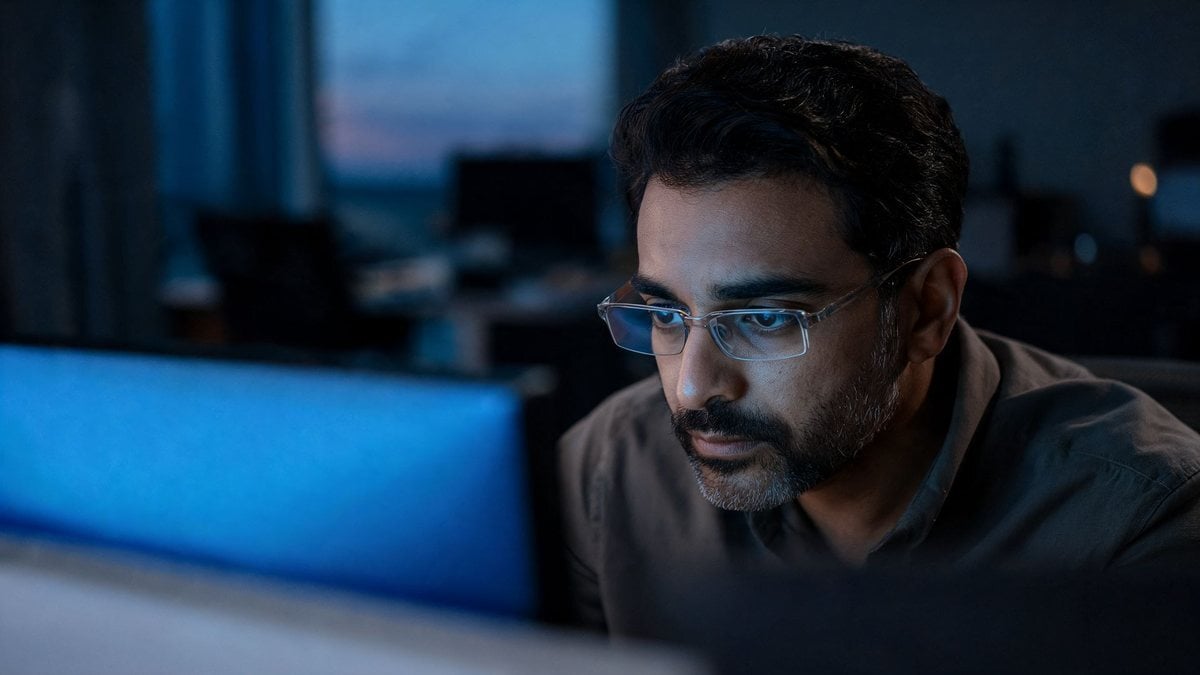 A man in glasses focused on a desktop monitor in a modern office