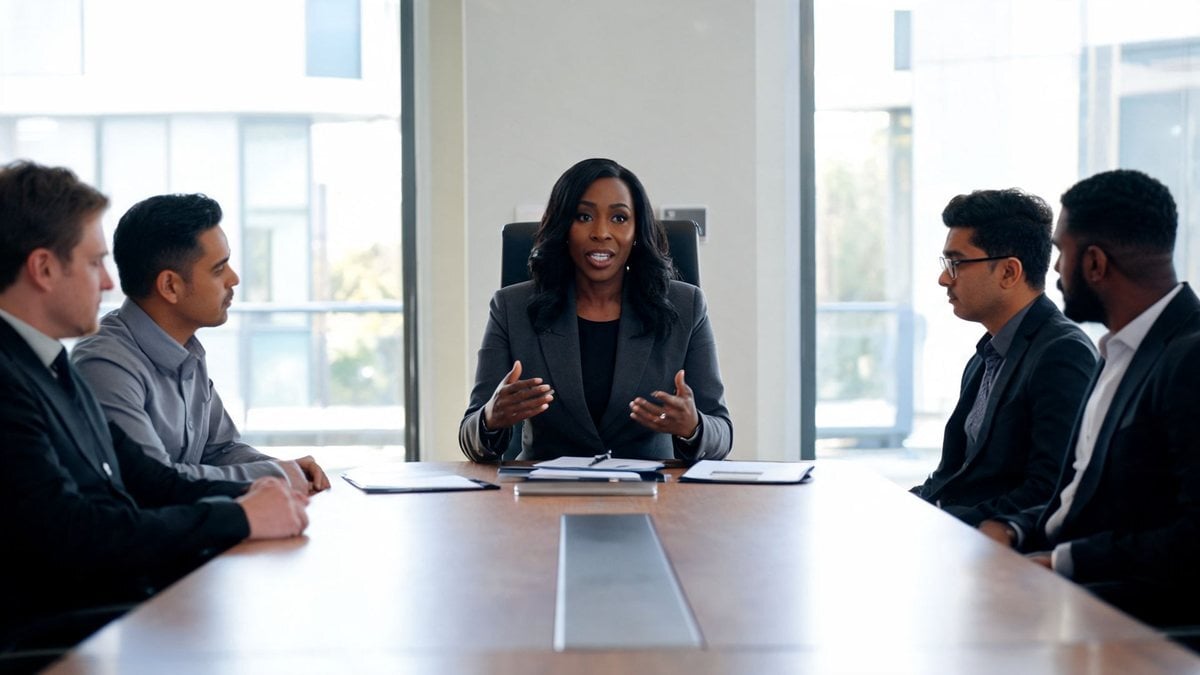 A woman leading a meeting at the head of a conference table with four colleagues