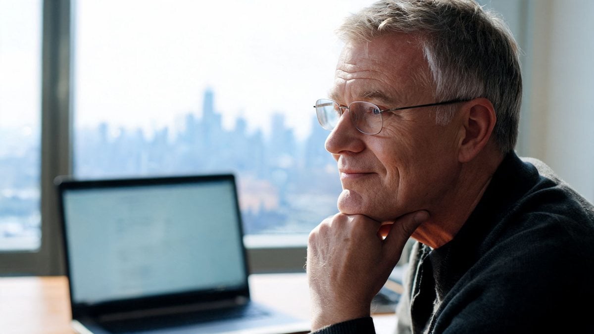 A man resting his chin on his hand by a window overlooking a city, with a laptop on the desk