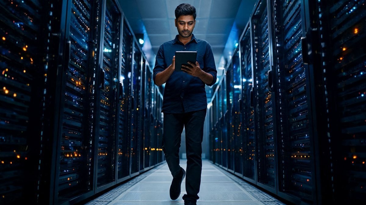 An engineer walking down a data center aisle between server racks