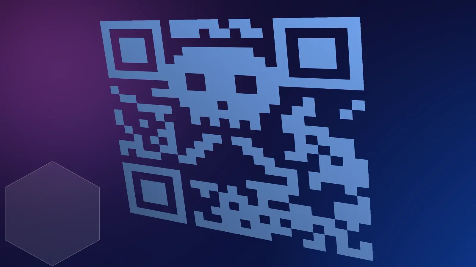A QR code tilted in perspective with a pixel skull and crossbones at its center, on a dark blue background