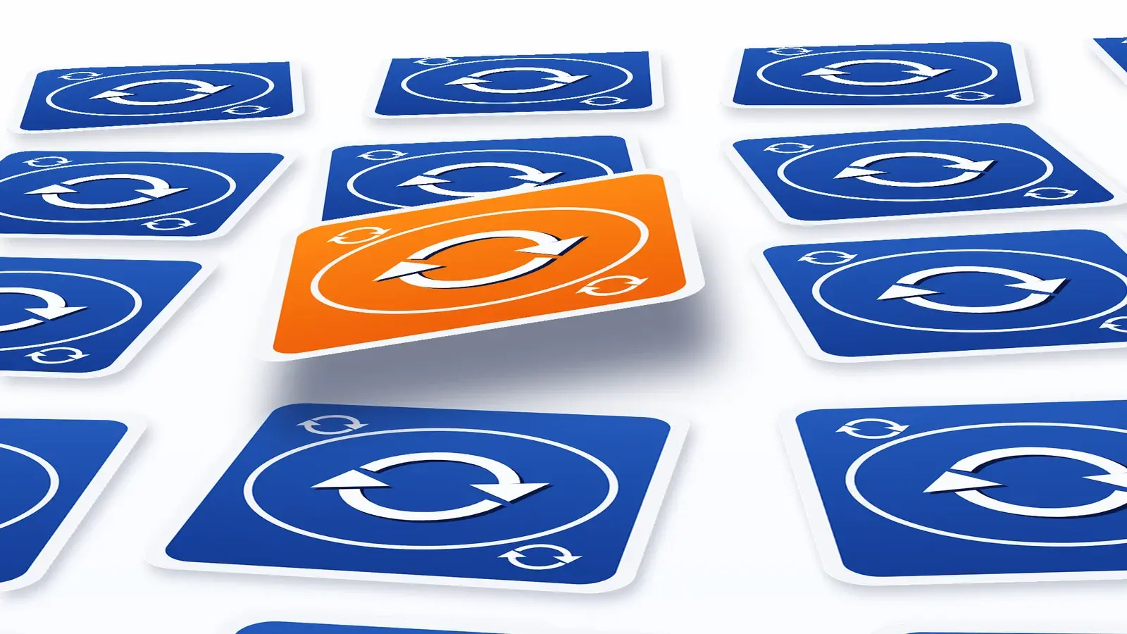 A field of blue tiles with circular refresh arrows, with one orange tile lifted above the rest