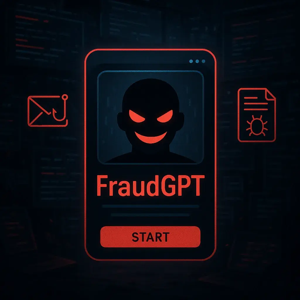 A menacing AI chatbot interface is visible with a sleek modern design that features red bold letters spelling FraudGPT